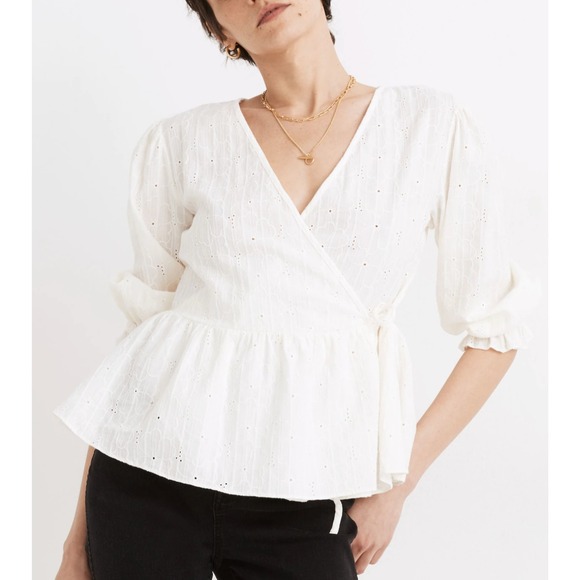 Madewell Embroidered Eyelet Lace Peplum Wrap Top Size S Puff Sleeve V-Neck Boho - Picture 2 of 9